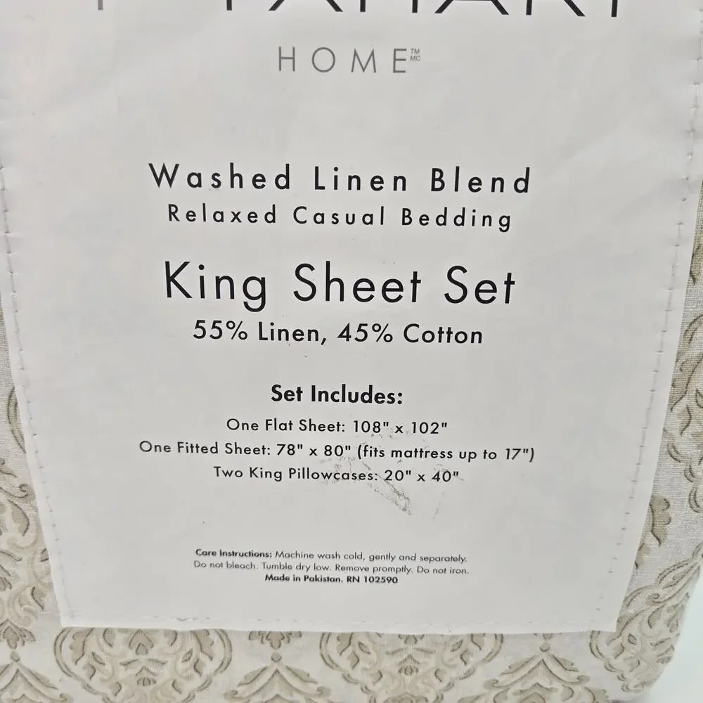 Tahari KING Washed Linen Blend Sheet 4pc Soft Gold White SHABBY CHIC NEW COTTAG